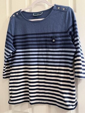 Karen Scott Sport Navy & White Striped Button-Shoulder Knit Top with pocket